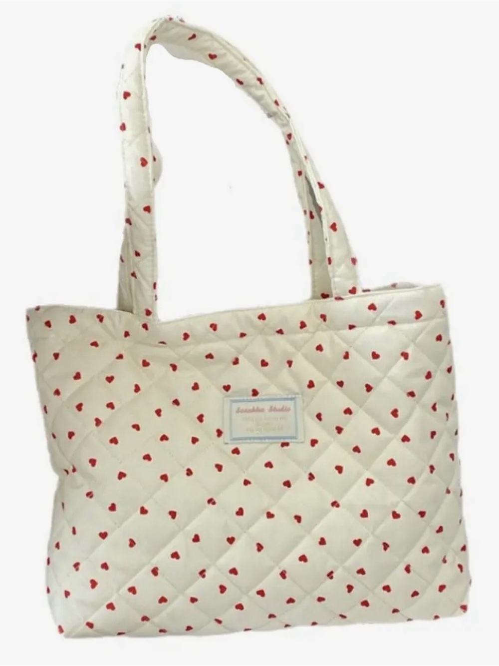 Quilted Cream Tote Bag with Red Heart Print